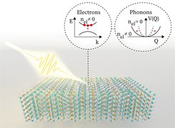Subjecting Ta2NiSe5 to high-frequency laser light accelerates electrons in the material, which then generates an effective force on the underlying ions. This process kicks off low-frequency entangled ion oscillations which are then able to amplify light in the THz frequency region.